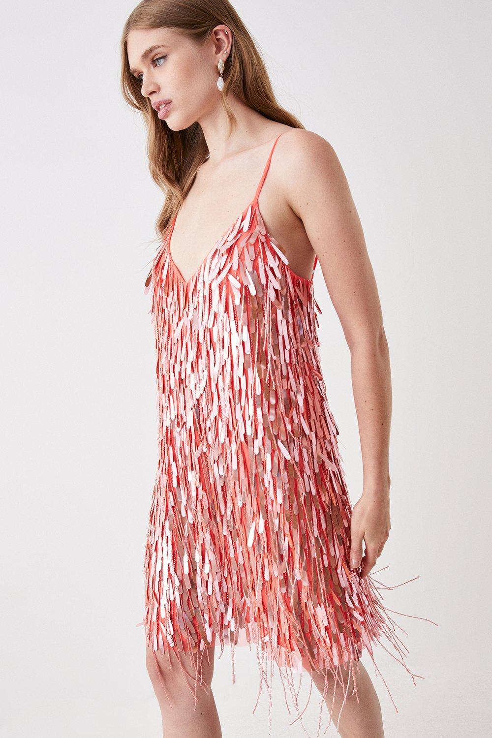 Premium Sequin And Fringe Mini Dress - Pink