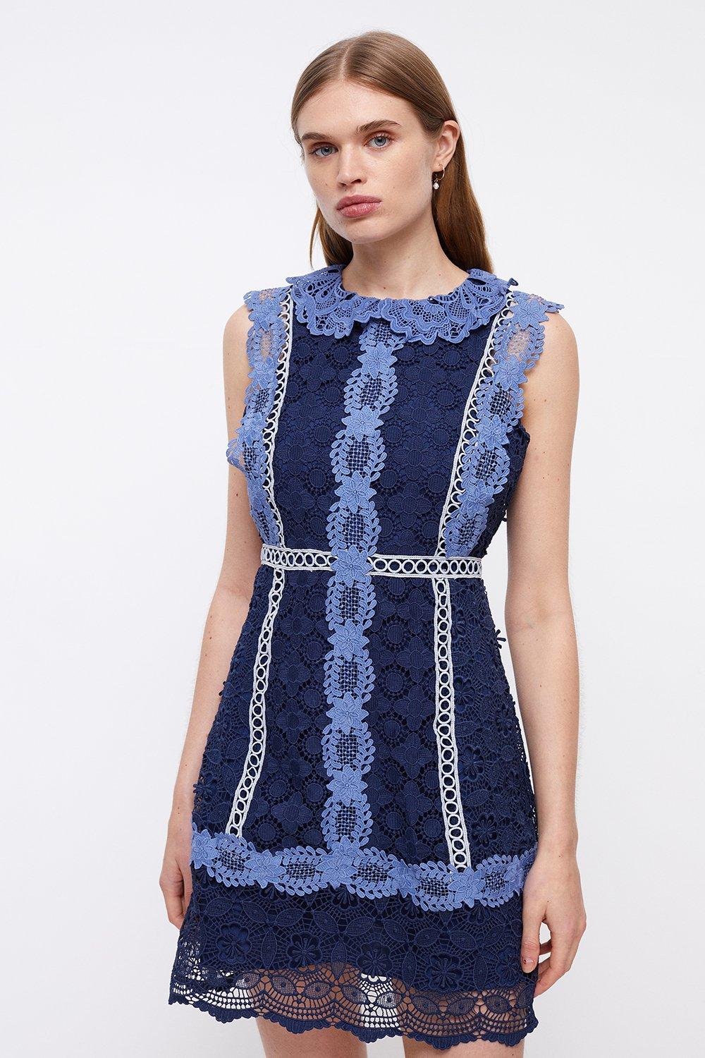Placement Lace Mini Dress With Collar - Navy