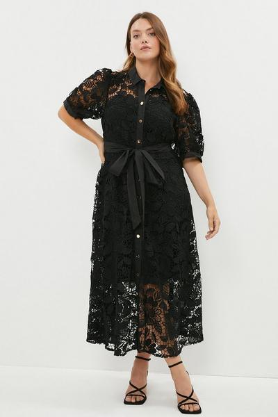 Coast black Plus Size Lace Belted Midi Shirt Dress