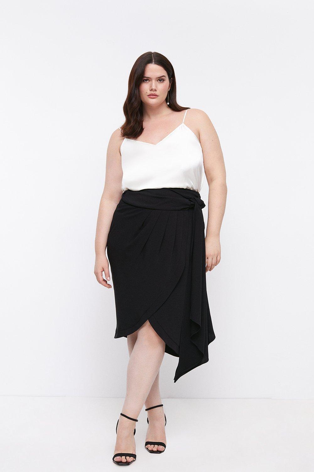 Plus Size Wrap Drape Midi Skirt - Black