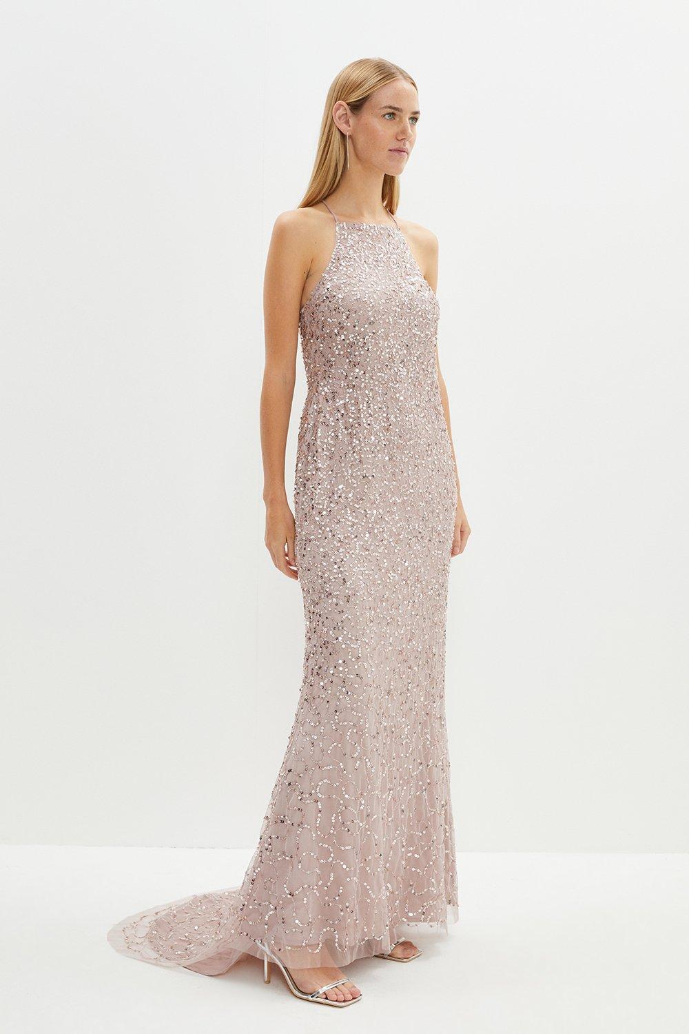 Lace Up Back Sequin Maxi Dress - Mink