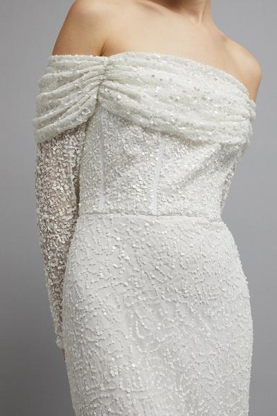 Coast ivory Draped Bardot Sequin Long Sleeve Maxi Dress