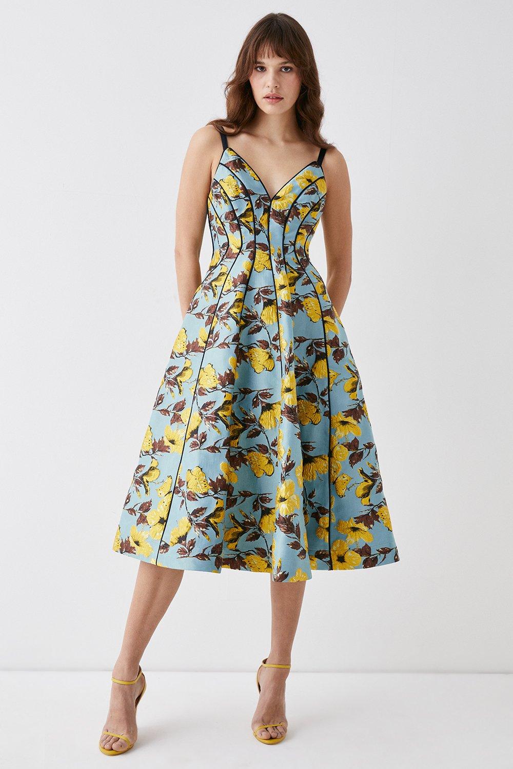 Dresses | Jacquard V Neck Panelled Full Skirt Midi Dress | Coast