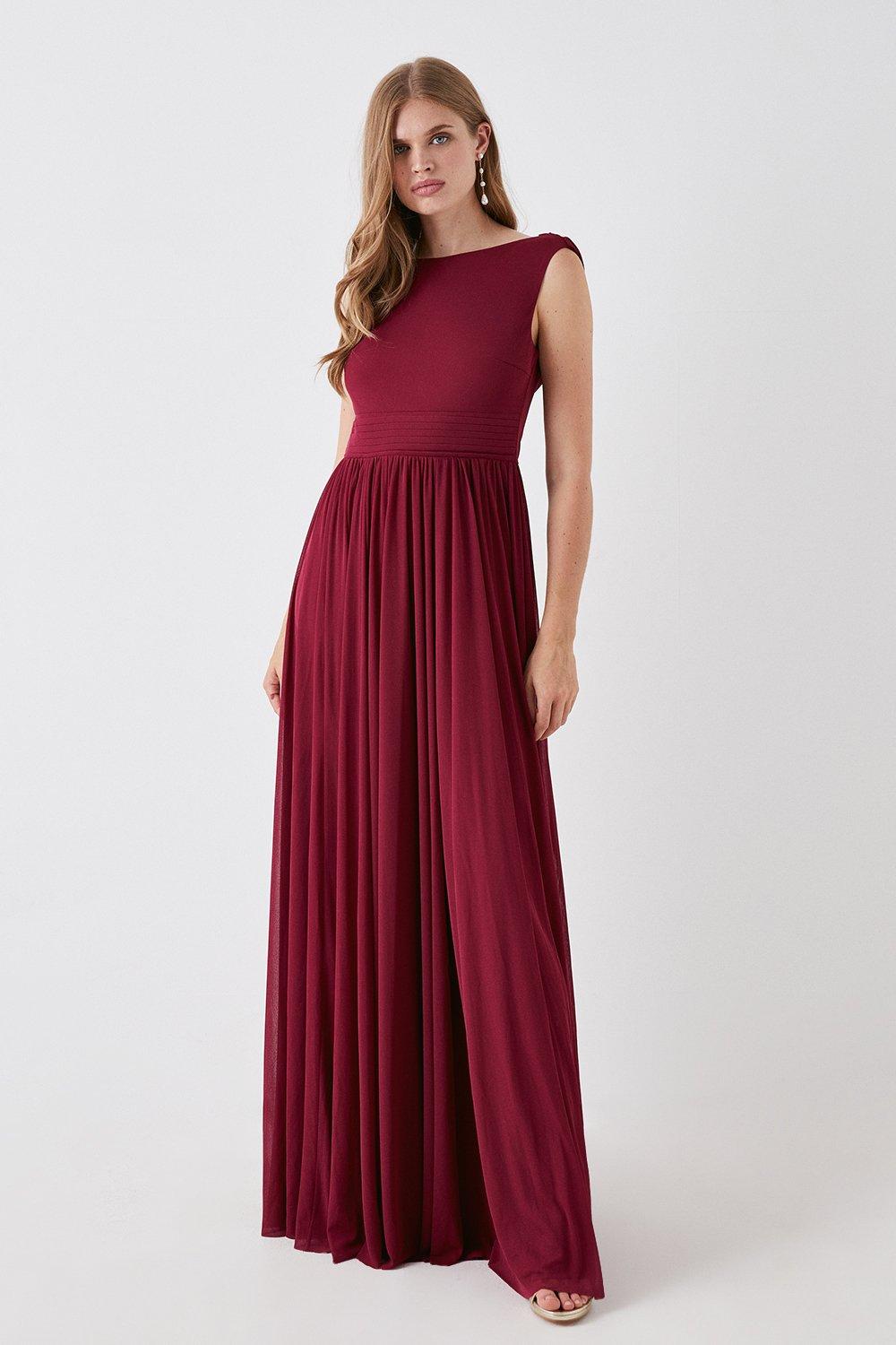 Cowl Back Stretch Mesh Full Skirted Bridesmaids Maxi Dress - Red