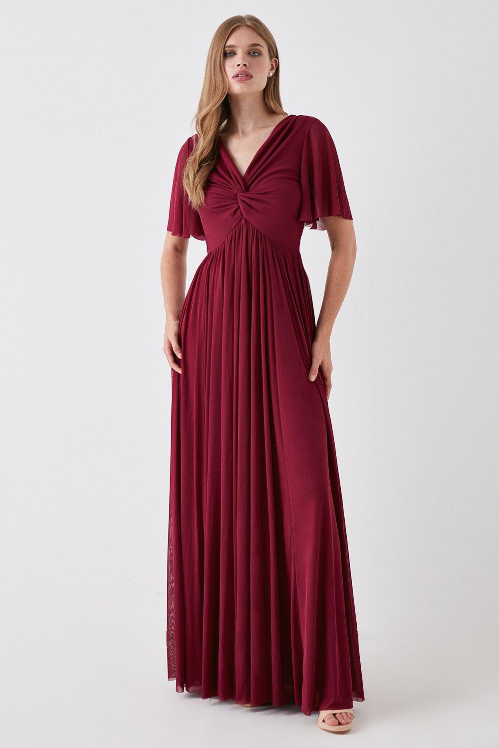 Angel Sleeve Stretch Mesh Full Skirted Bridesmaids Maxi Dress - Red