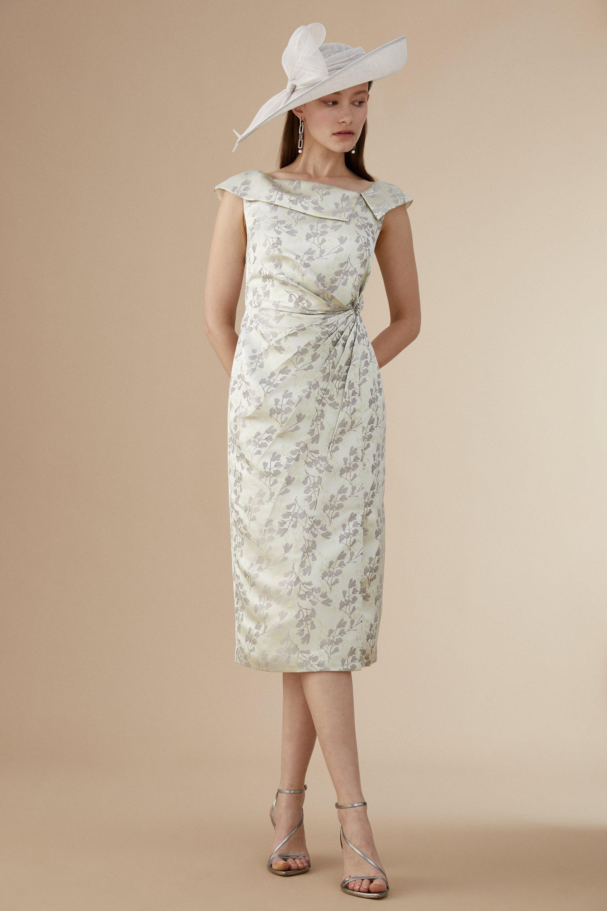 Dresses | Lisa Tan Premium Pleat Detail Bardot Jacquard Pencil