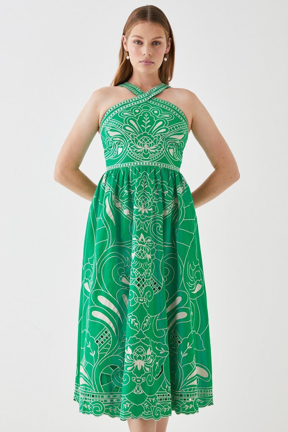 Dresses | Cross Neck Cutwork Embroidered Midi Dress | Coast