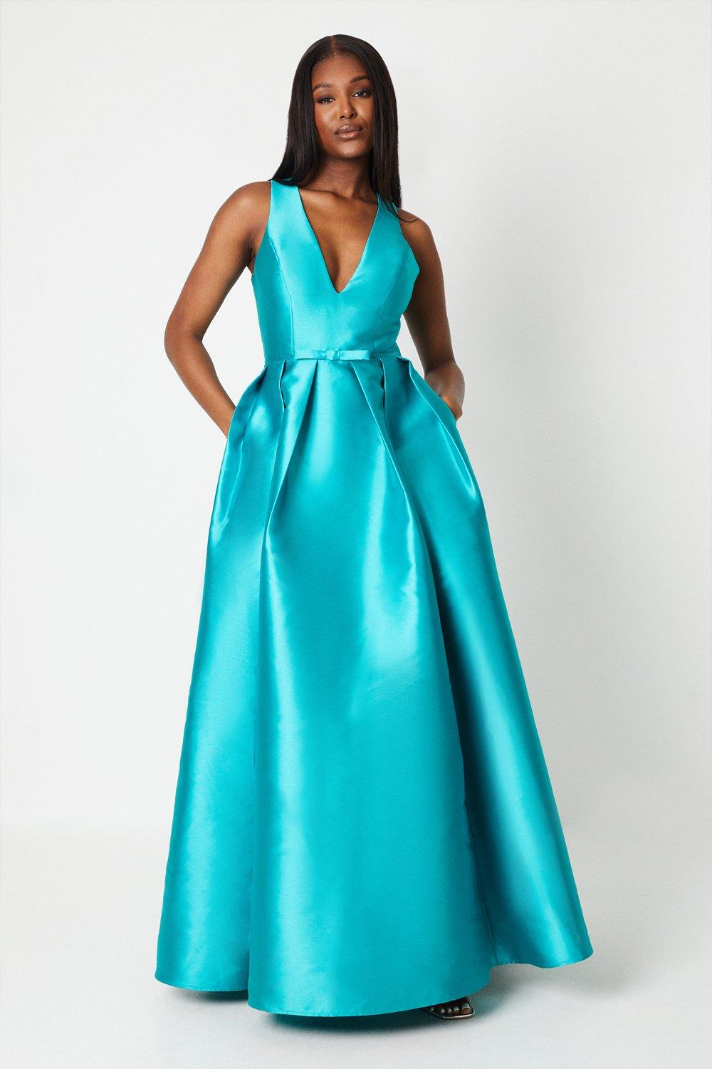 Plunge Neck Bow Waist Maxi Dress With Pockets - Blue