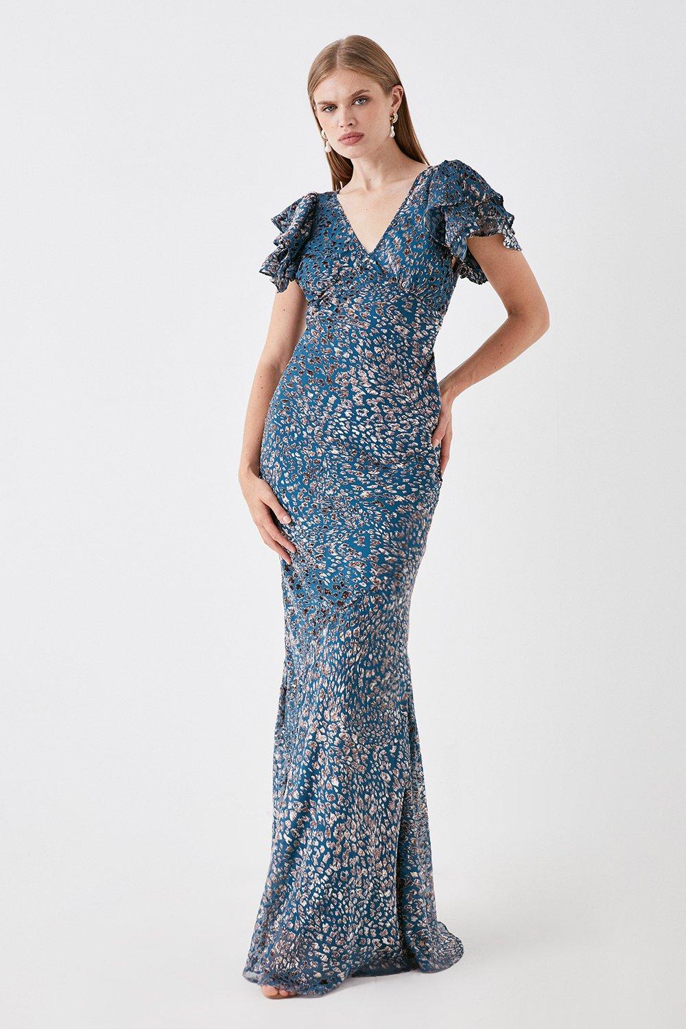 Sophie Habboo Flutter Sleeve Devore Maxi Dress - Blue