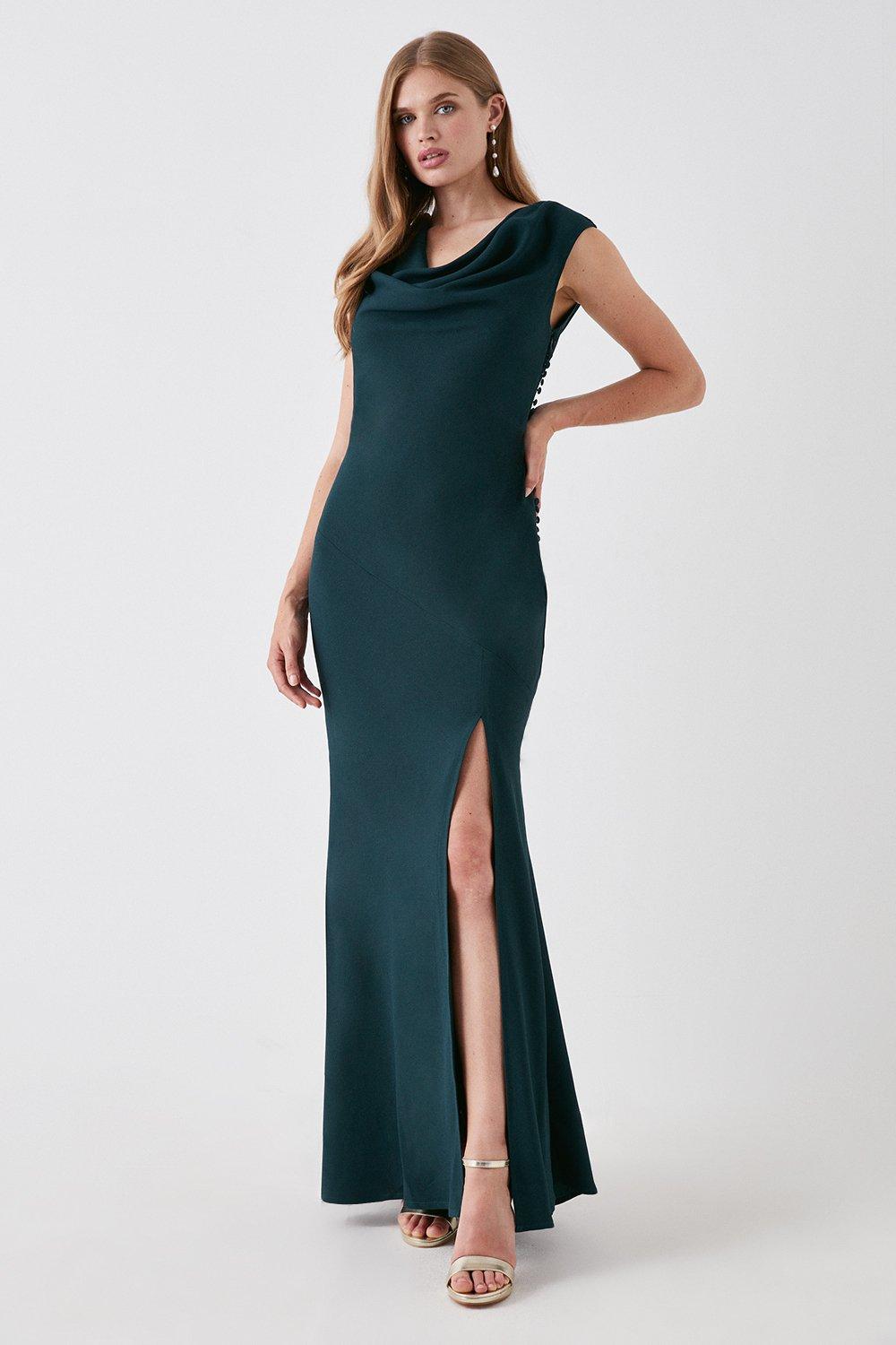 Cowl Neck Satin Back Crepe Bridesmaid Maxi Dress - Green