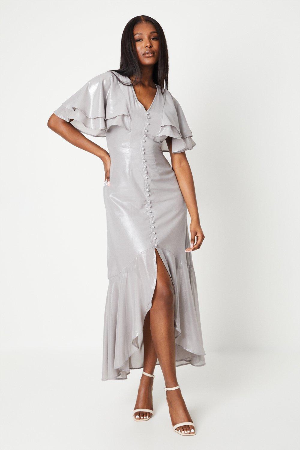 Midaxi Metallic Dress With Frill Sleeves - Silver