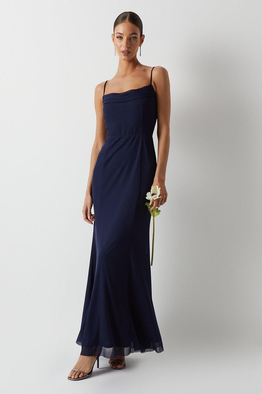 Cowl Front Stretch Mesh Bridesmaid Maxi Dress - Navy