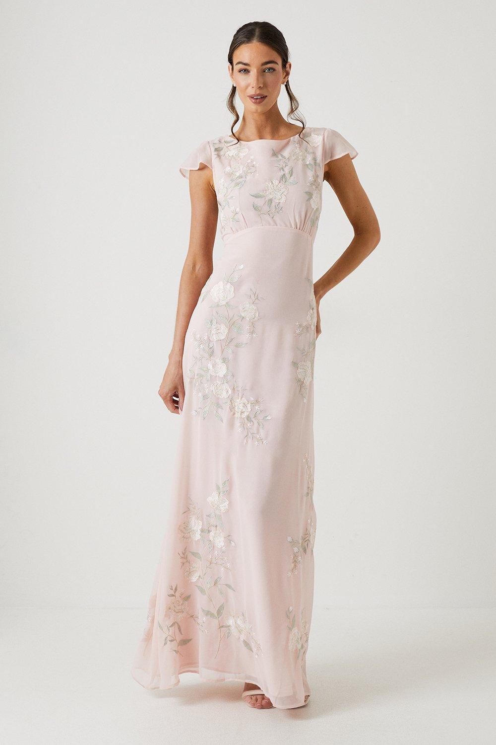 Rose Embroidered Flutter Sleeve Bridesmaids Maxi Dress - Pink