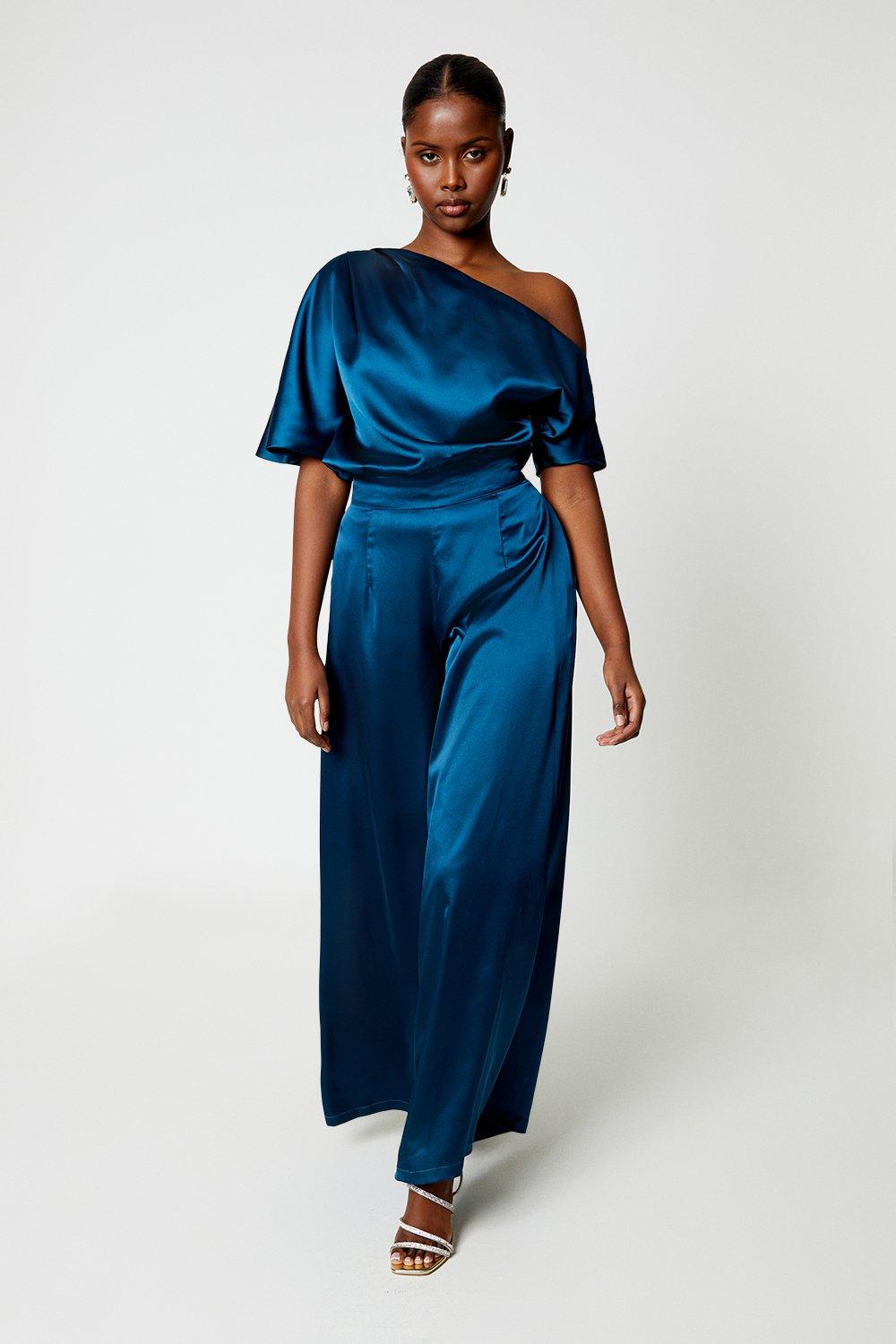 One Shoulder Satin Top Jumpsuit - Blue