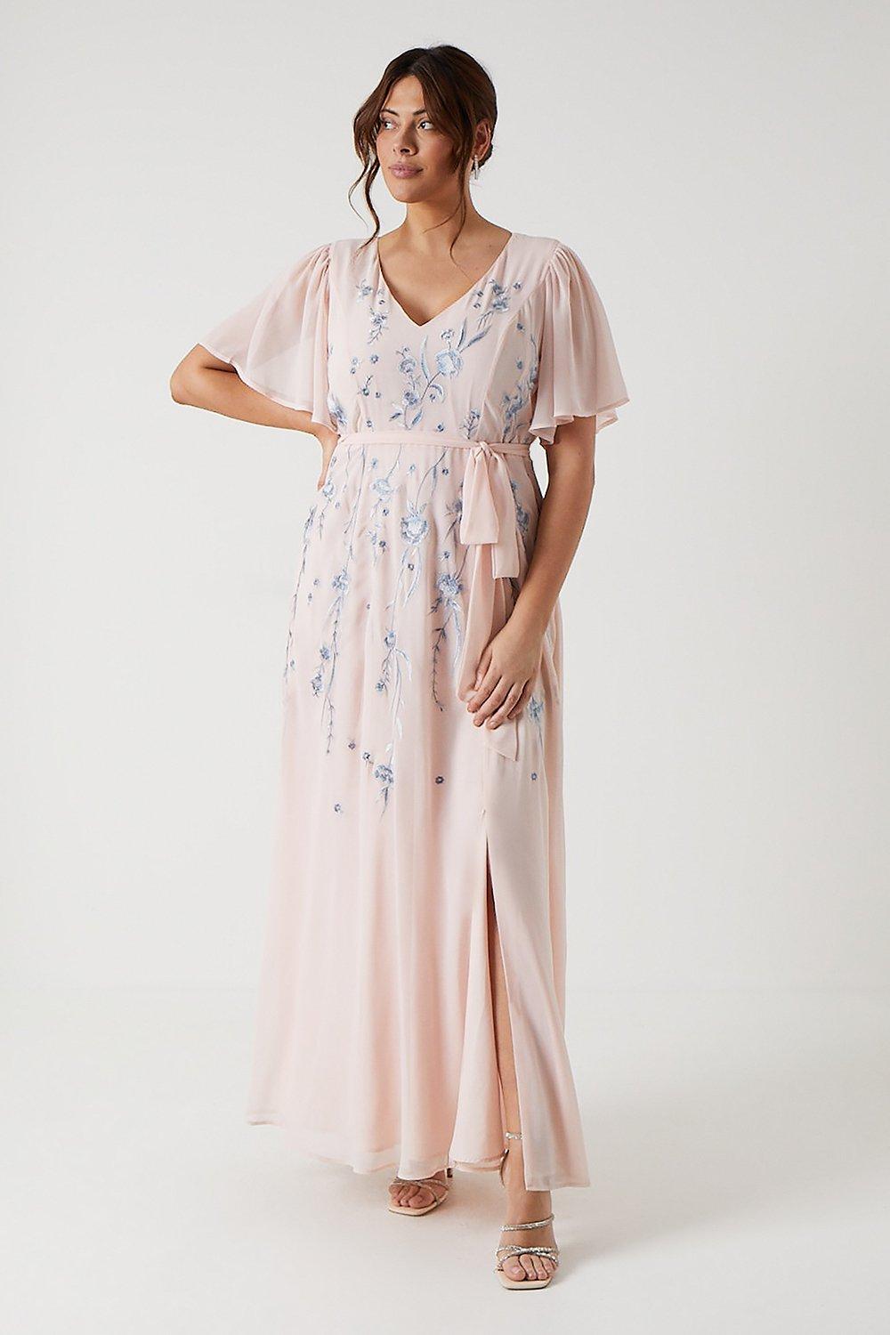 Plus Size Premium Floral Embroidered Bridesmaids Maxi Dress - Pink