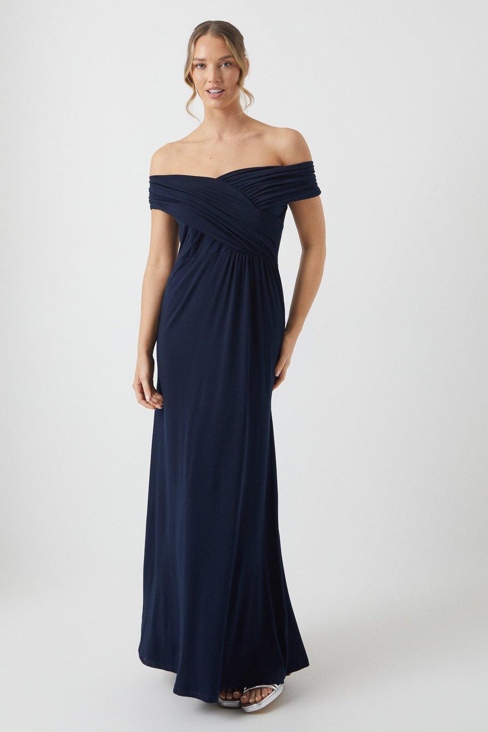 Bardot Ruched Jersey Bridesmaid Dress - Navy