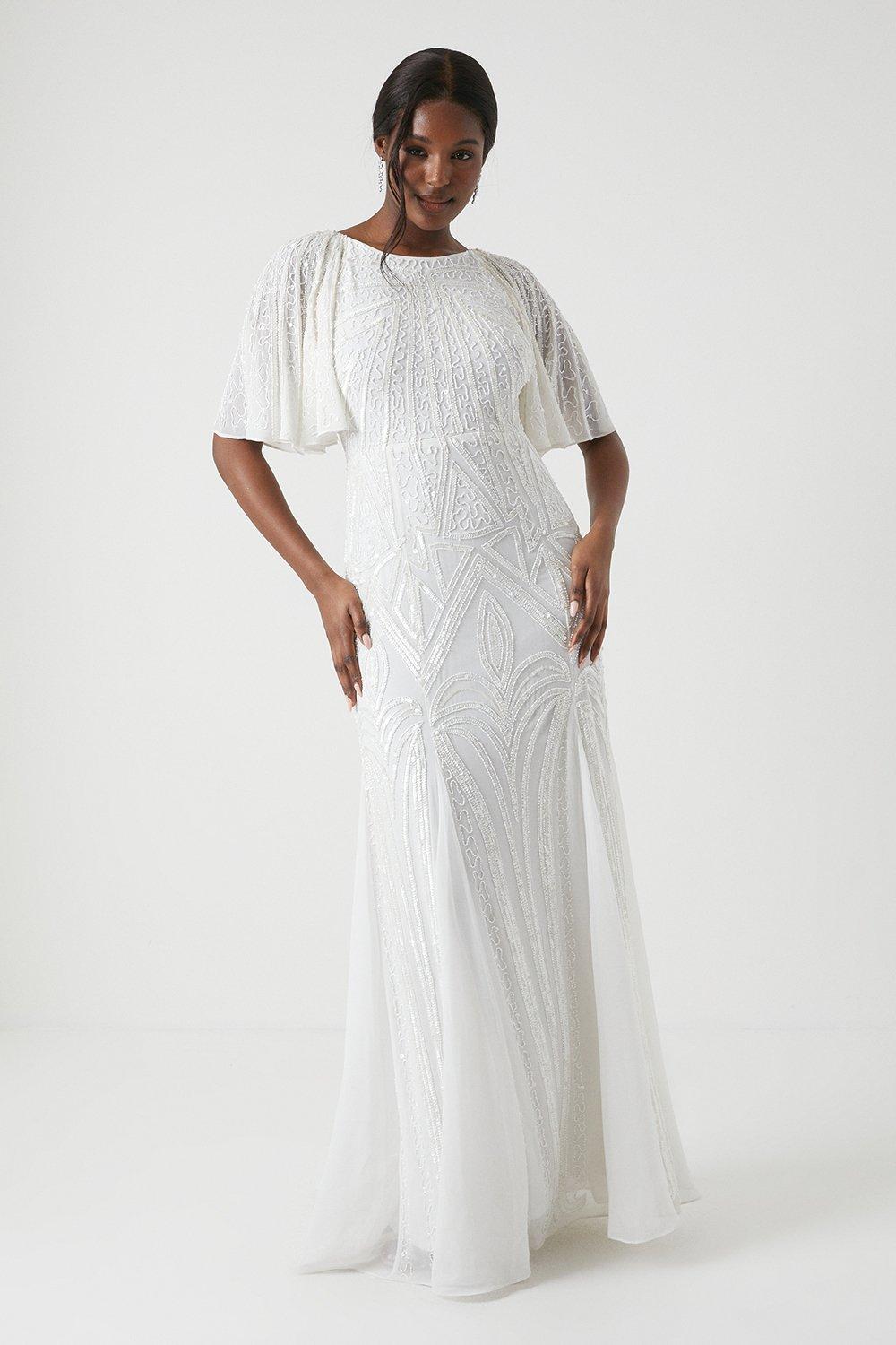 Premium Embellished Angel Sleeve Fishtail Wedding Dress - Ivory