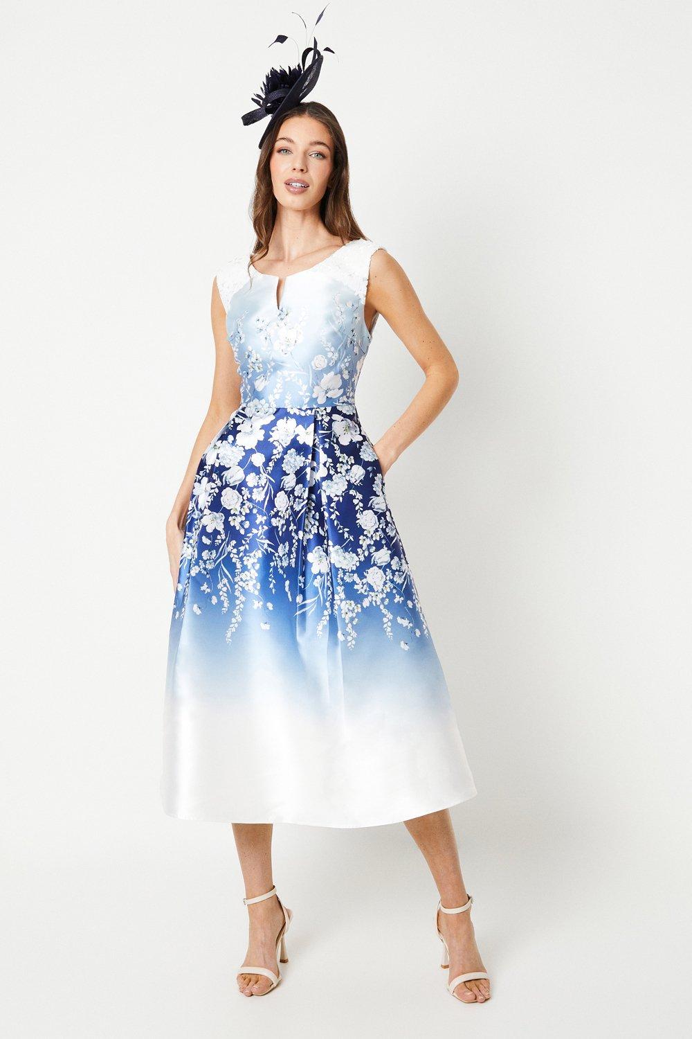 Twill Dress With Placement Print And Lace Trim - Blue