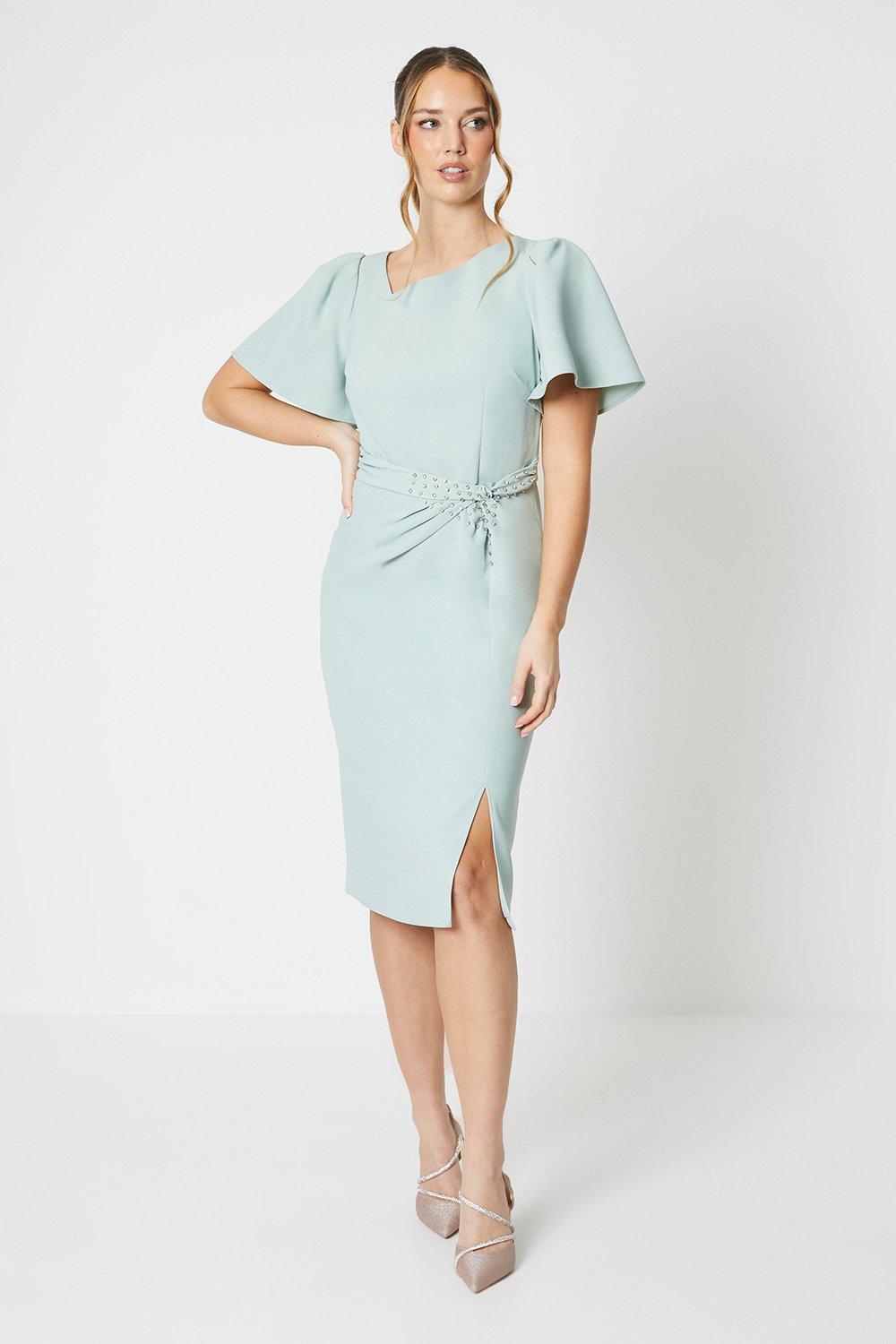 Crepe Twist Diamante Midi Dress - Sage