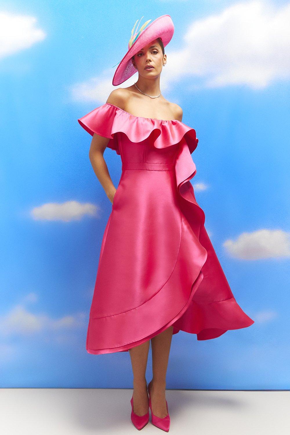 Lisa Tan Off Shoulder Ruffle Twill Midi Dress - Pink