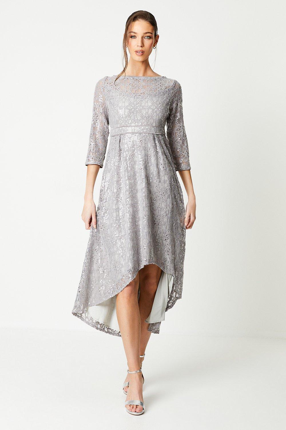 Asymmetric Hem Lace Dress - Grey