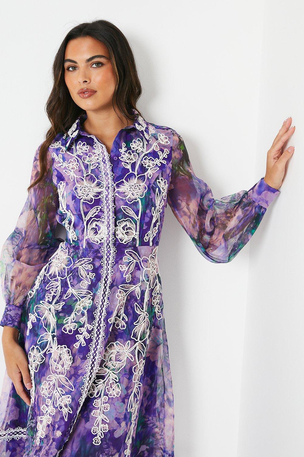 Printed Shirt Dress With Embroidery And Lace Trims - Purple