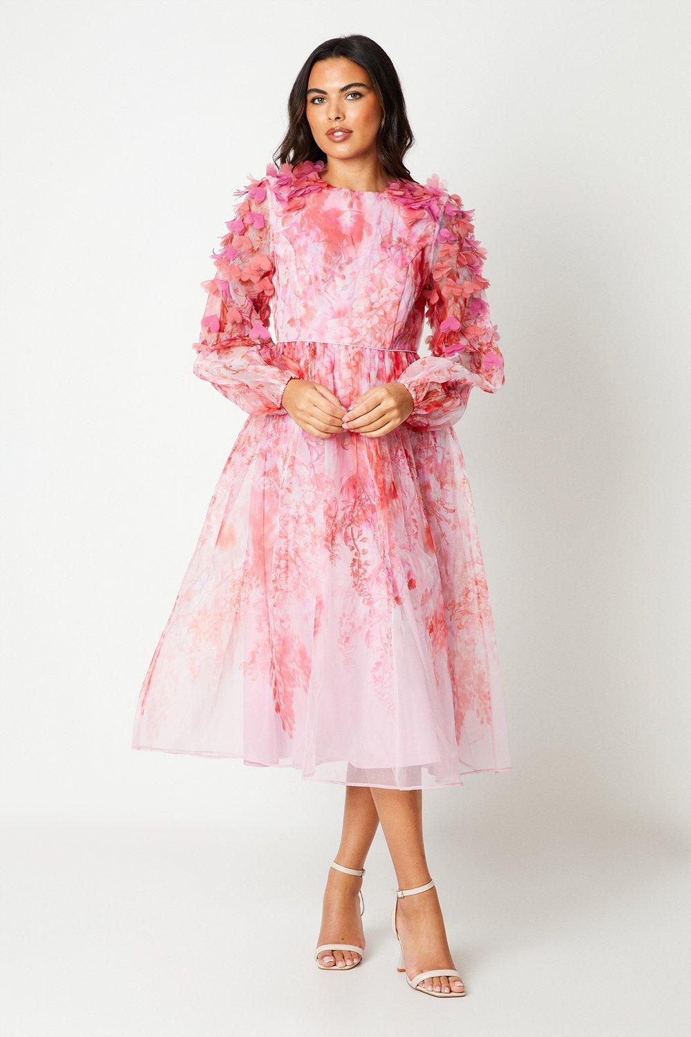 Hand Stitched 3d Floral Organza Midi Dress - Pink