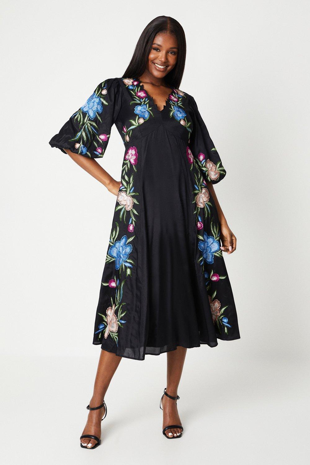 Floral Neckline Embroidered Puff Sleeve Midi Dress - Black
