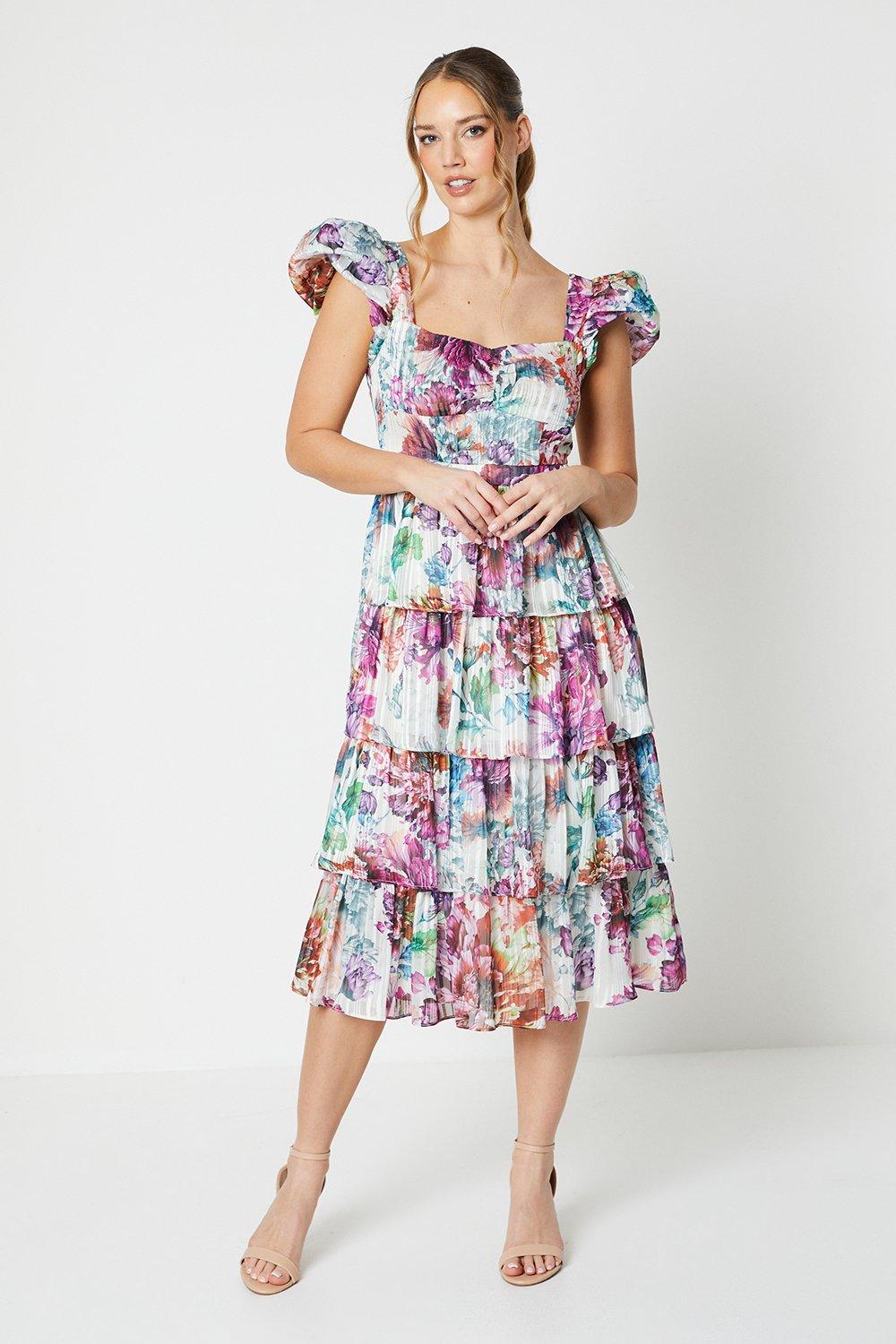 Floral Stripe Organza Layered Ruffle Dress - Pink