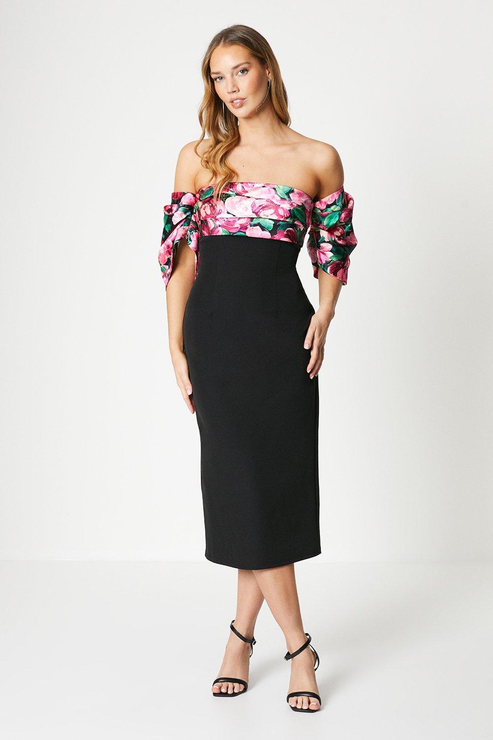 Printed Pleated Bardot Midi Dress - Black