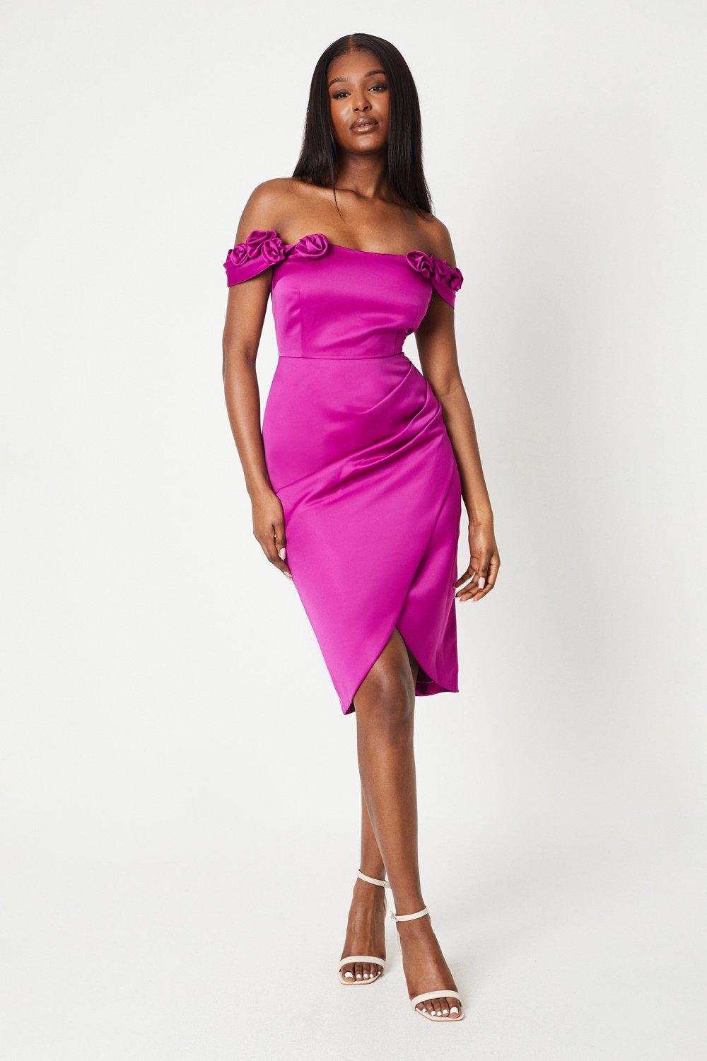 Corsage Neckline Satin Pencil Dress - Purple