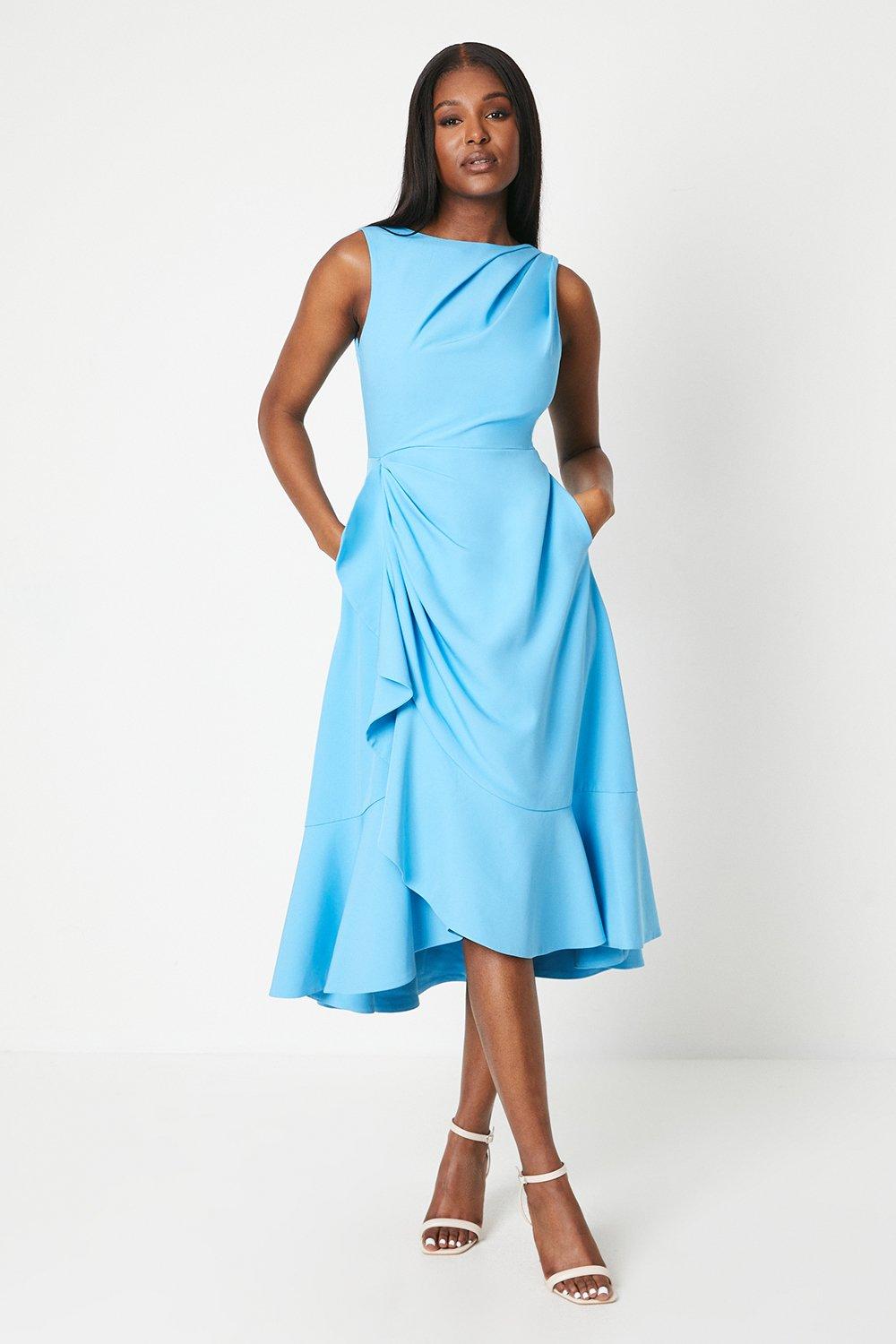 Crepe Ruffle Dress With Low Back - Blue