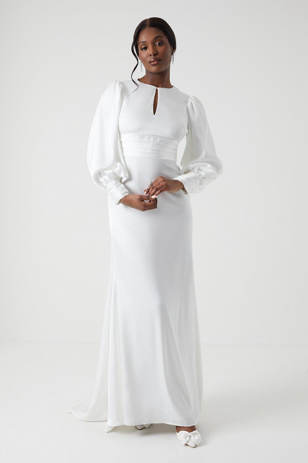Long Sleeve Keyhole Satin Wedding Dress With Train - Ivory