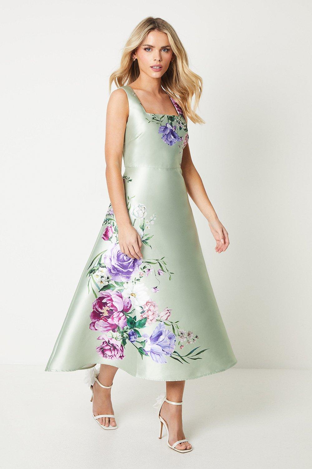 Petite Square Neck Twill Midi Dress With Floral Print - Sage