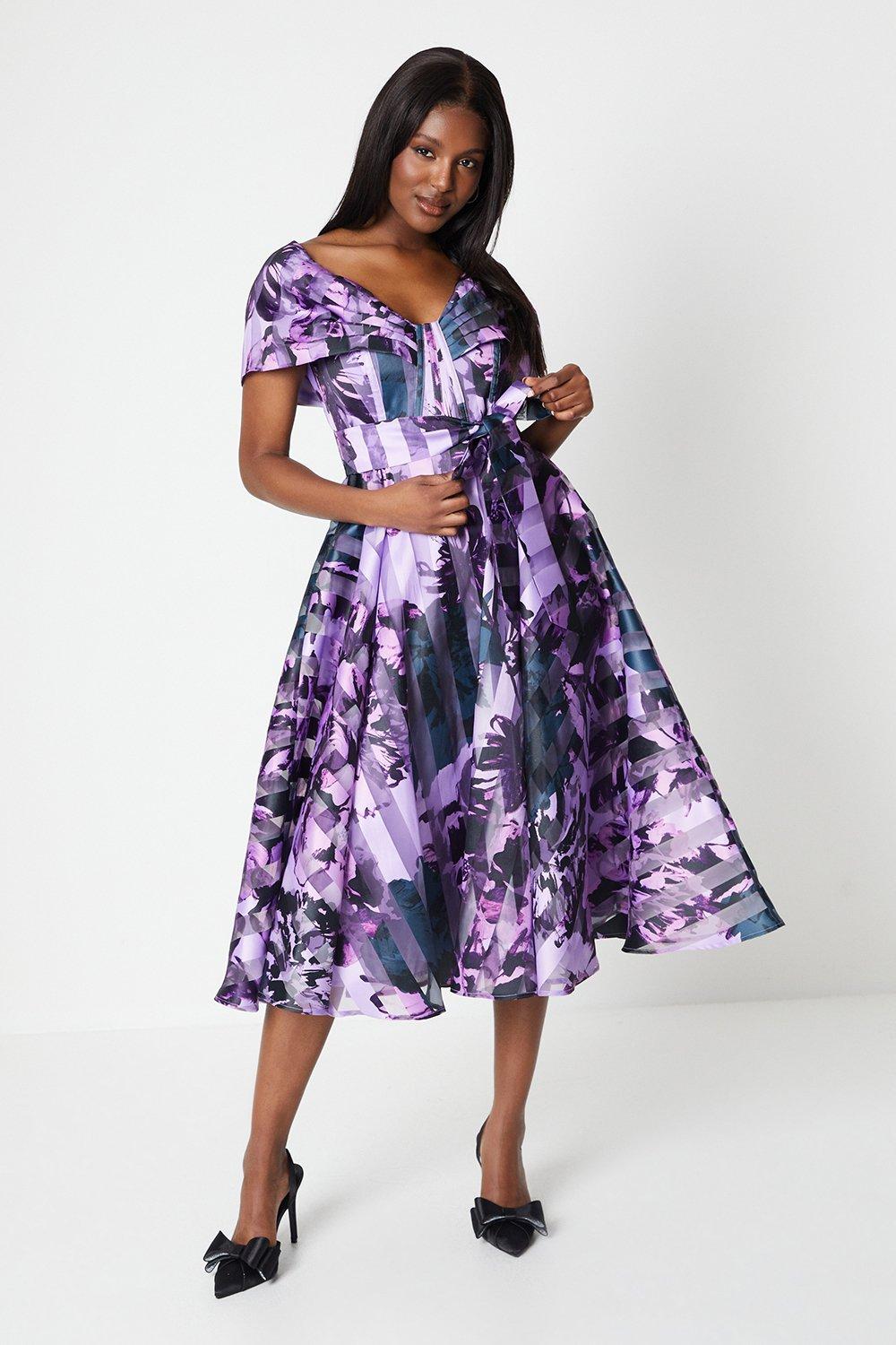 Printed Stripe Organza Bardot Midi Dress - Purple