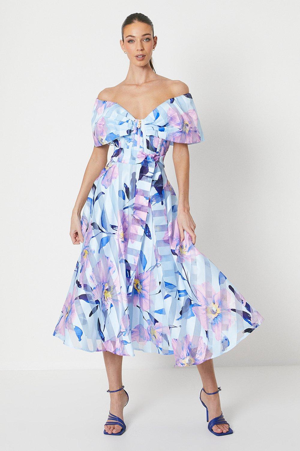 Printed Stripe Organza Bardot Midi Dress - Blue
