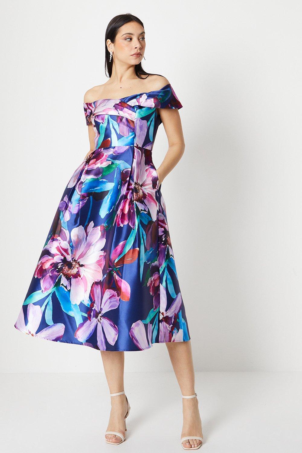 Bardot Pleat Detail Floral Print Midi Dress - Blue