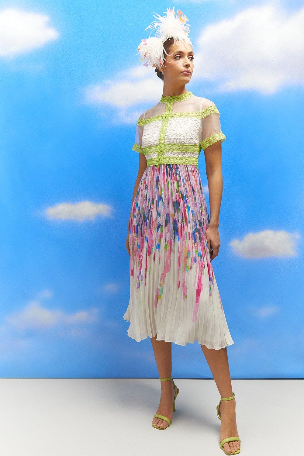 Lisa Tan Lace Top Pleat Skirt Printed Midi Dress - Ivory