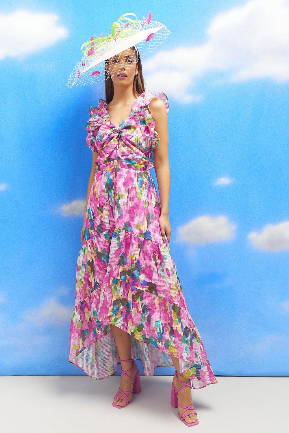 Lisa Tan Ruffle Shoulder Twist Front Organza High Low Dress - Pink