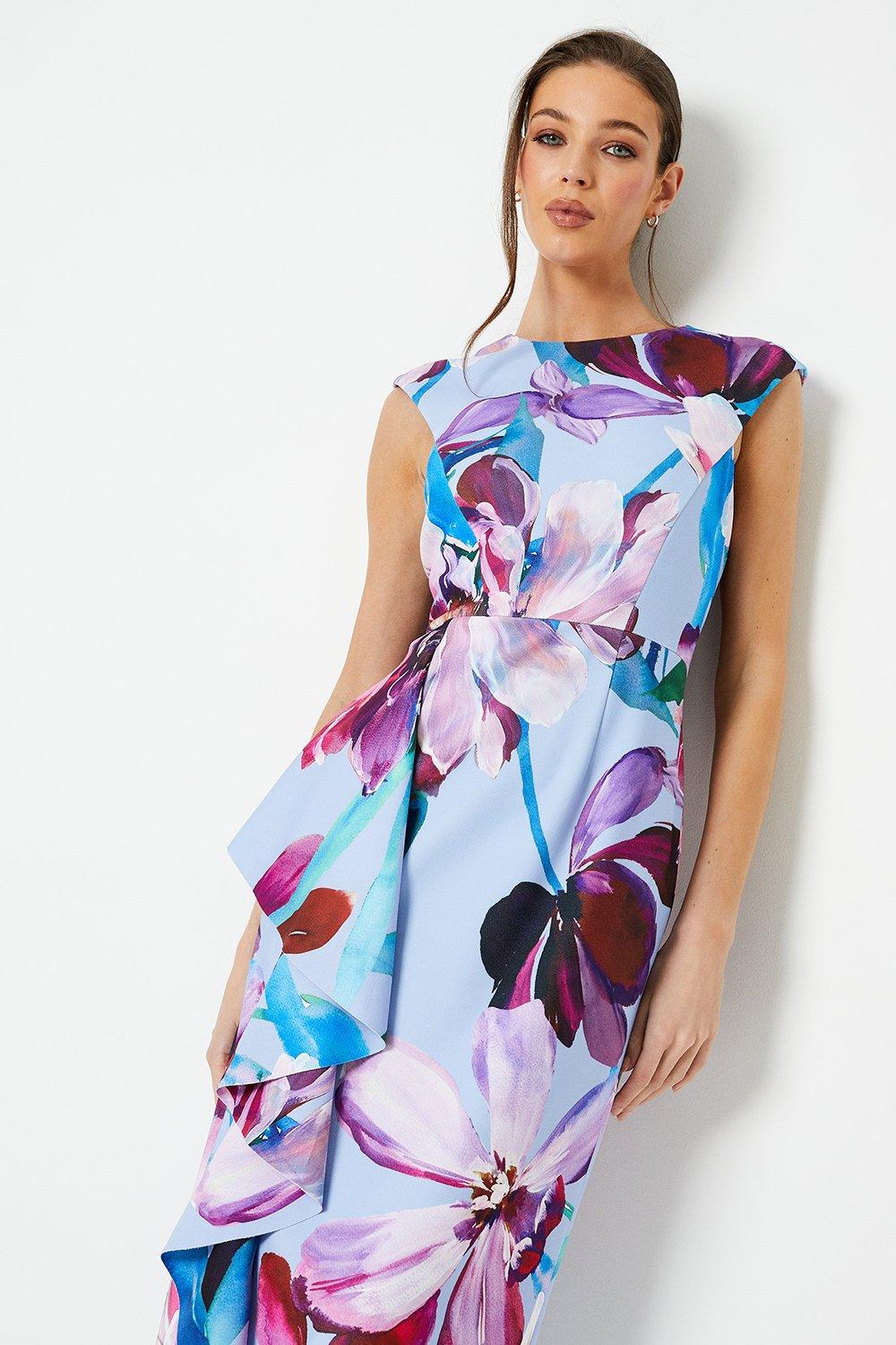 Printed Crepe Midi Dress With Side Ruffle Detail - Blue