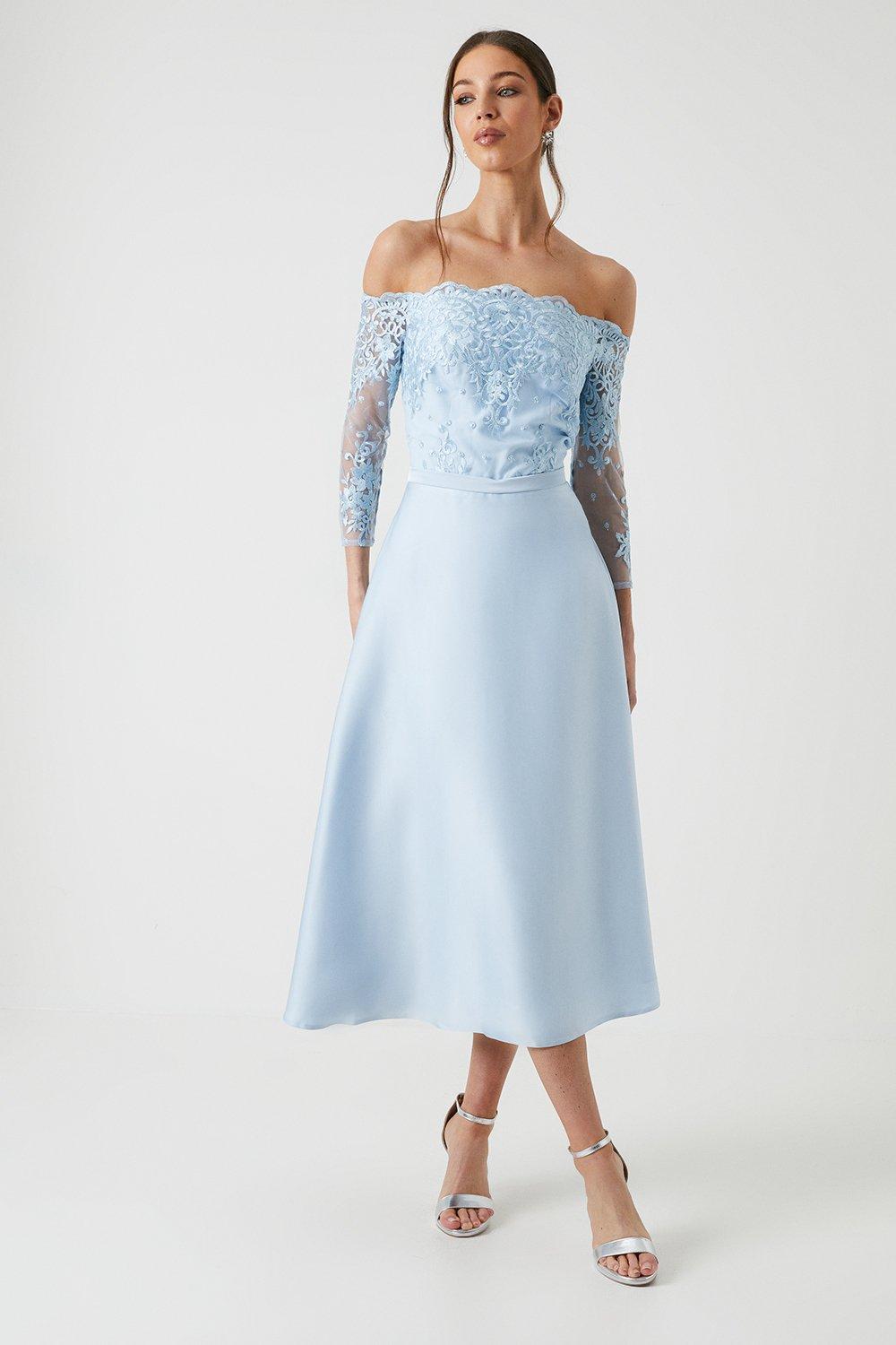 Mesh Bardot Satin Skirt Bridesmaids Dress - Ice Blue