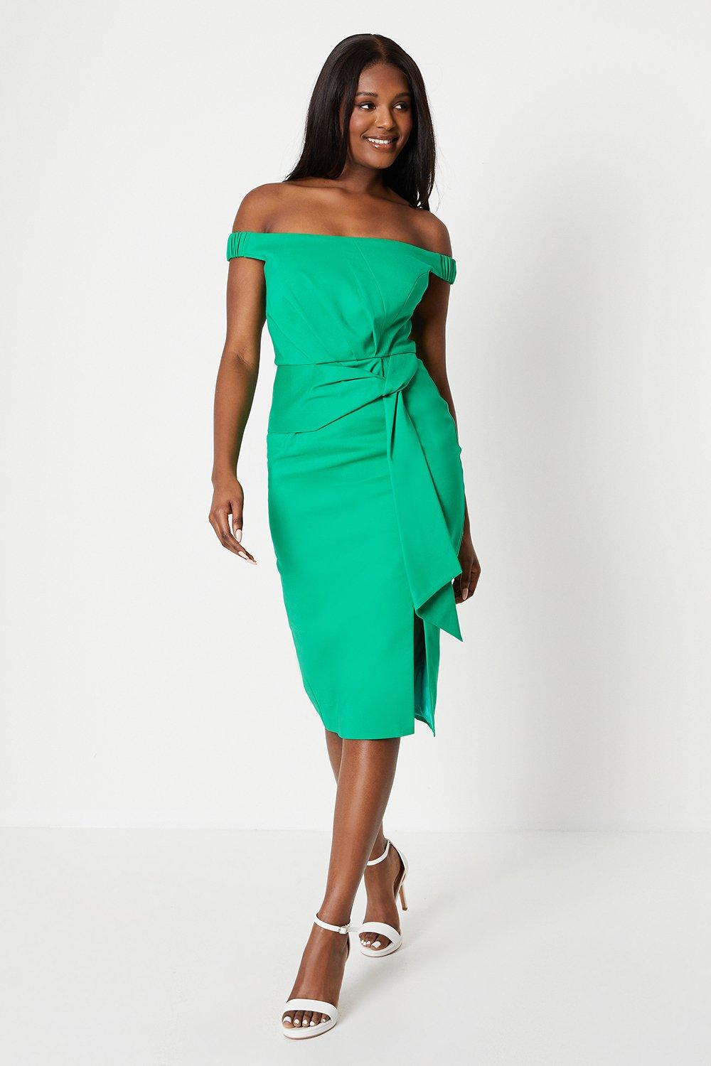 Bardot Twist Front Stretch Cotton Midi Dress - Green
