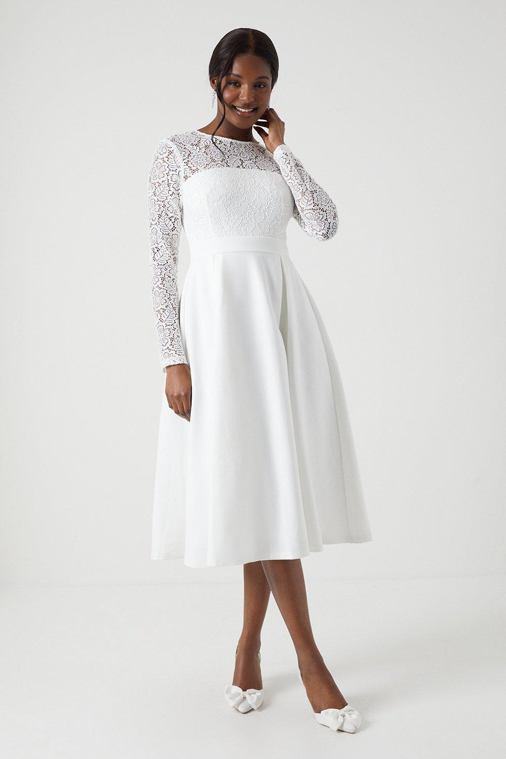 Long Sleeve Lace Ponte Midi Wedding Dress - Ivory