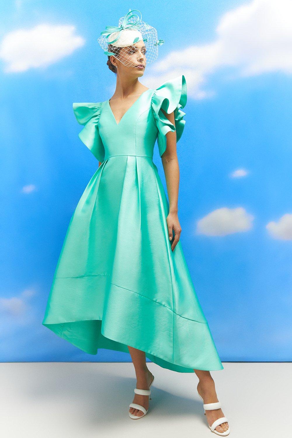 Lisa Tan Exaggerated Frill Shoulder High-low Midi Dress - Mint