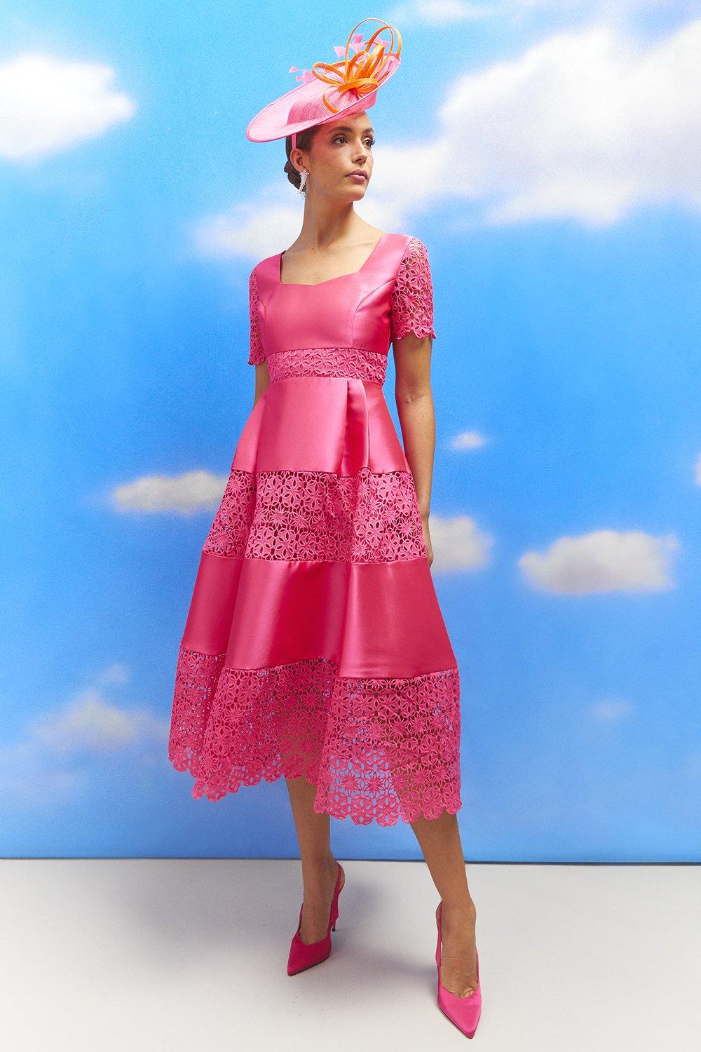 Lisa Tan Square Neck Lace Insert Twill Midi Dress - Pink