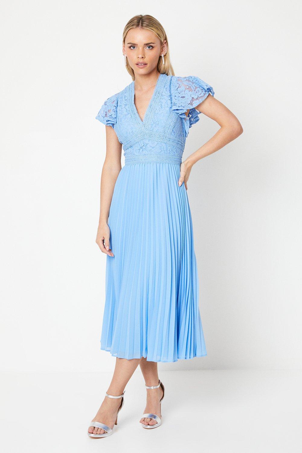 Petite Lace Top Pleated Skirt Fit & Flare Midi Dress - Blue