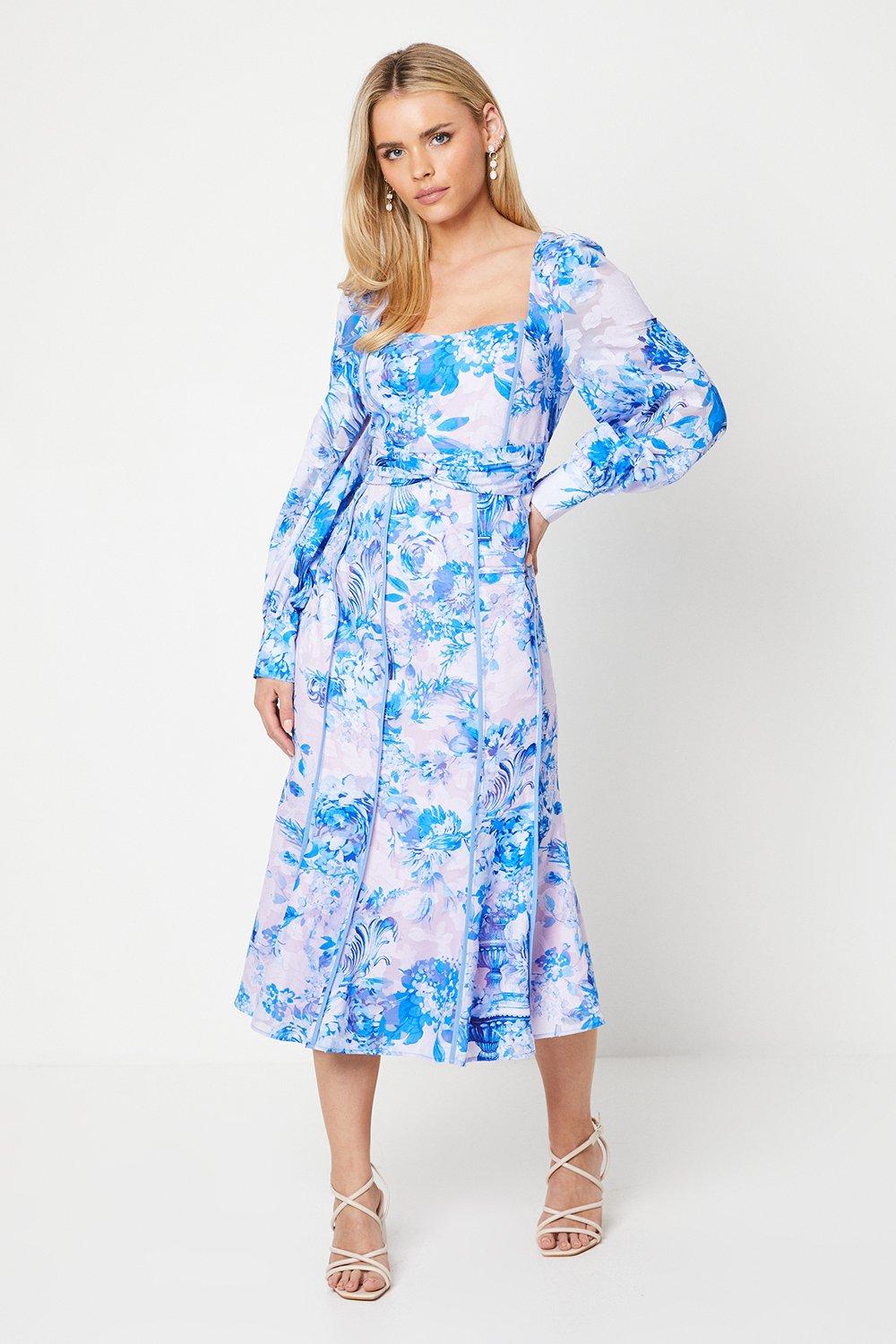 Petite Square Neck Georgette Midi Dress In Floral Print - Blue