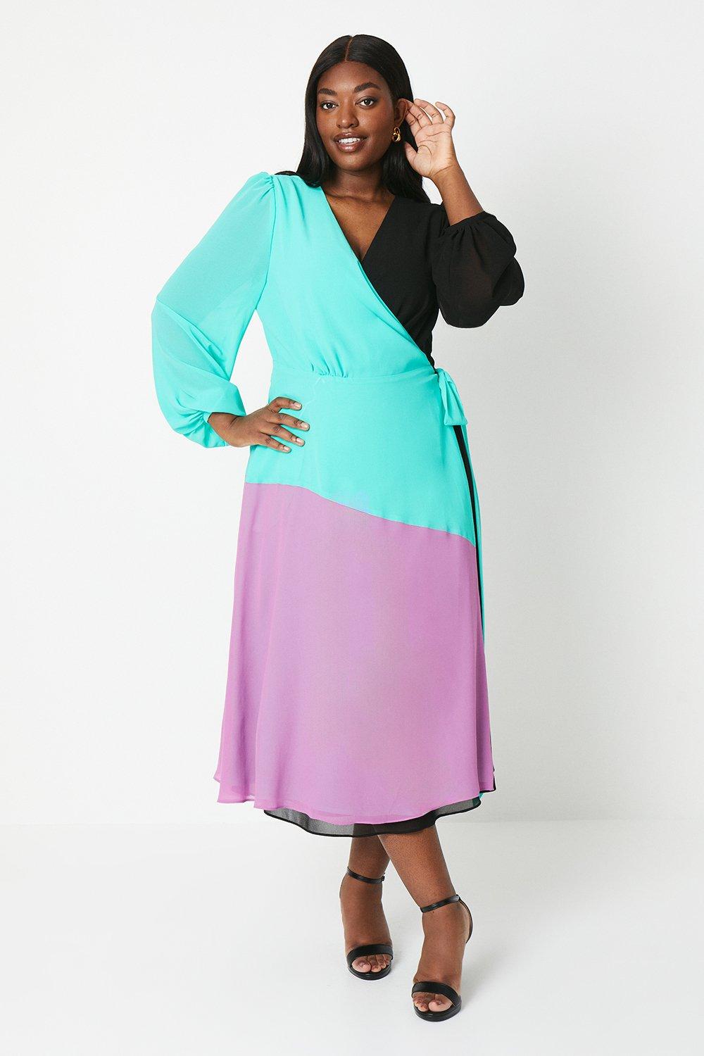 Plus Georgette Long Sleeve Wrap Midi Dress In Colour Block