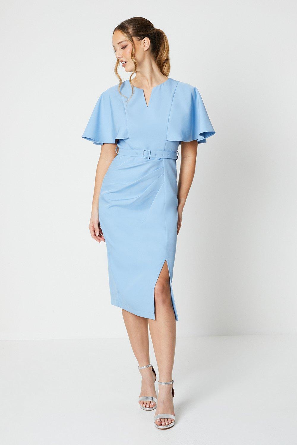 Notch Neck Flare Sleeve Midi Dress - Blue