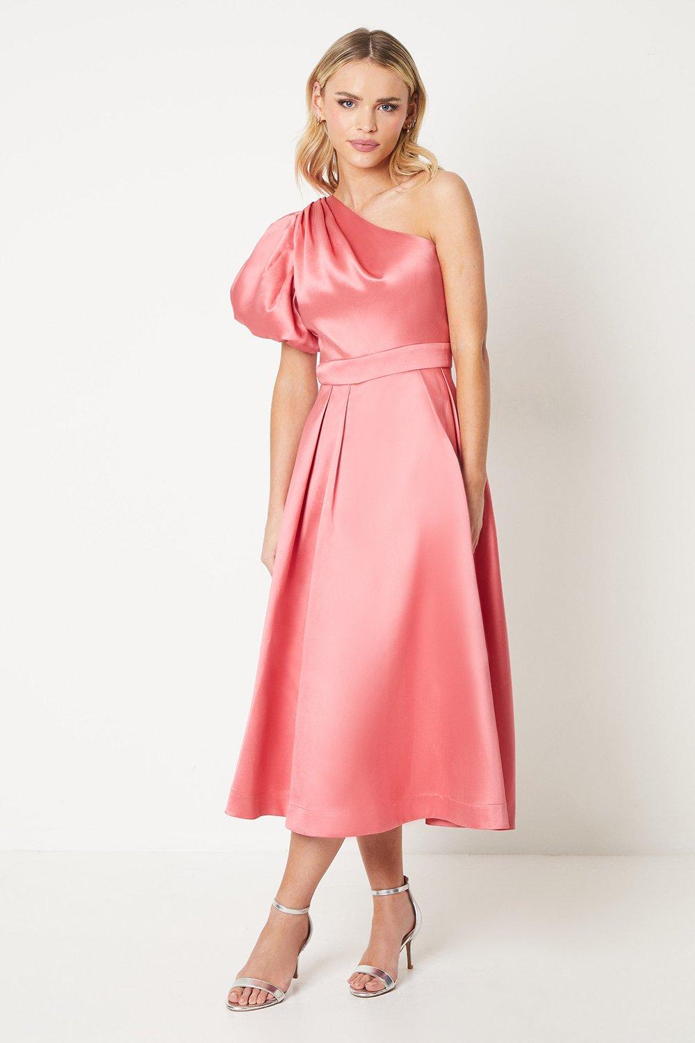 Petite One Shoulder Fit & Flare Midi Dress In Twill - Pink